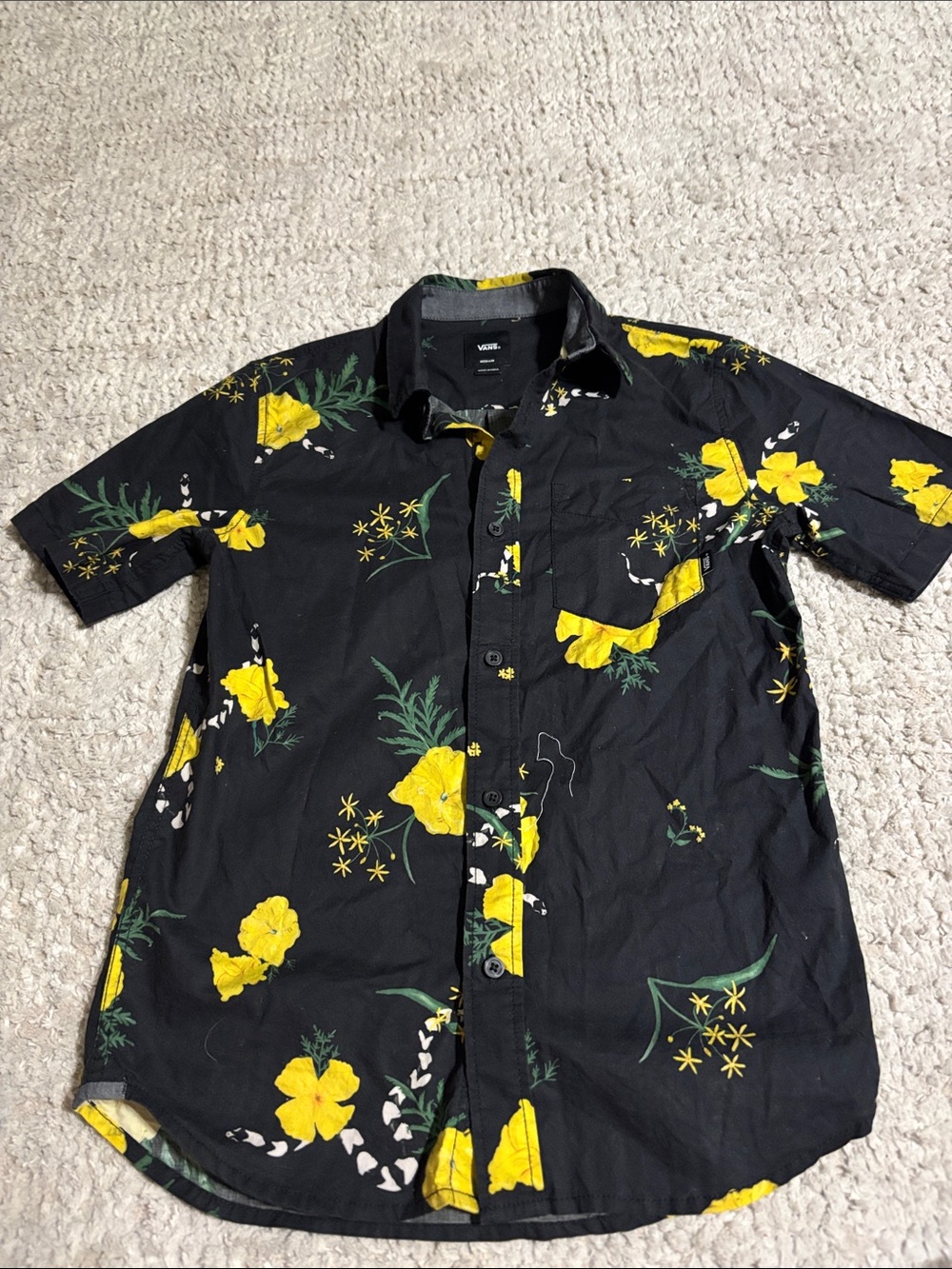Vans Black Short-Sleeve Button-Up Shirt with Yellow Floral Print